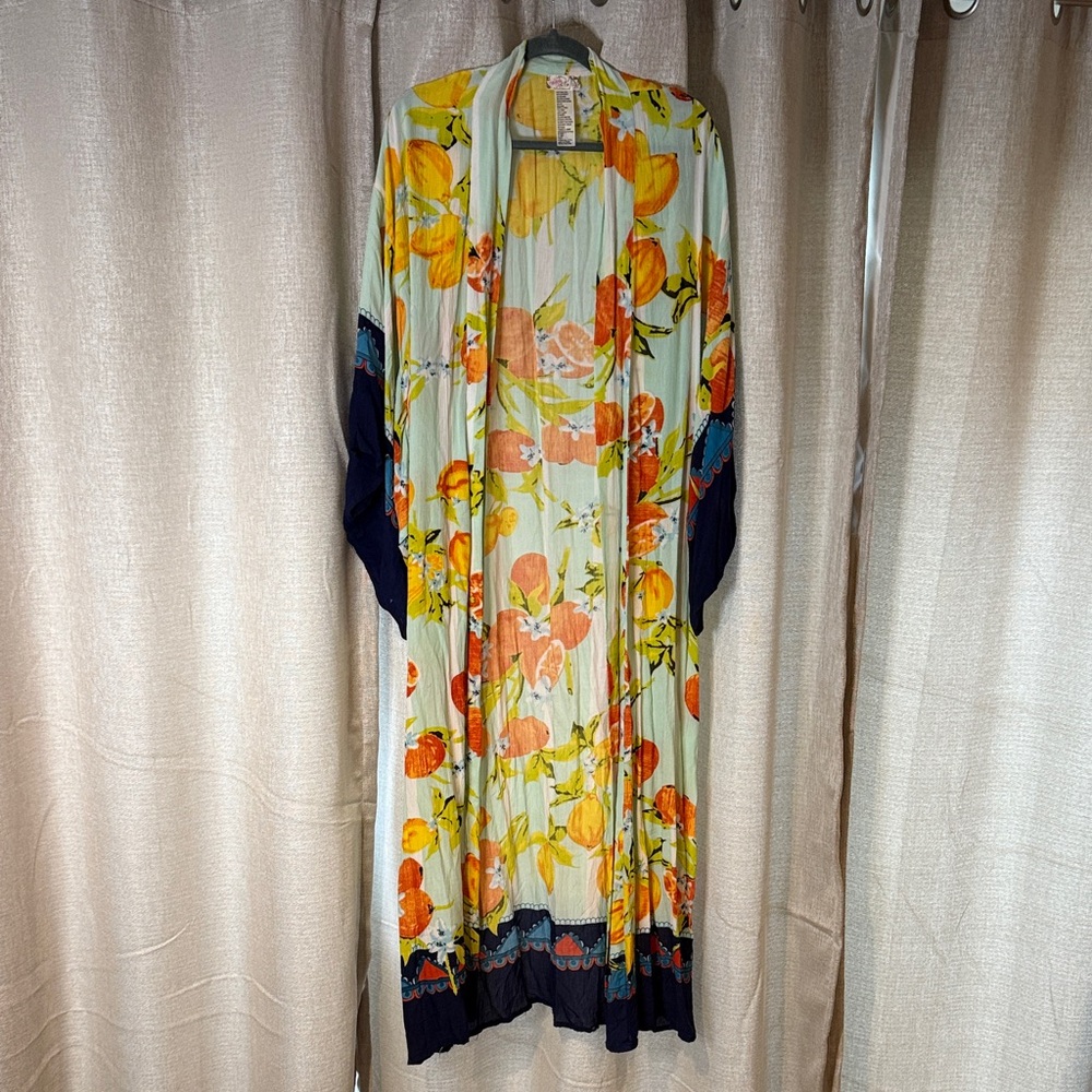Free People Floral Long Sleeve Kimono - Orange and Blue